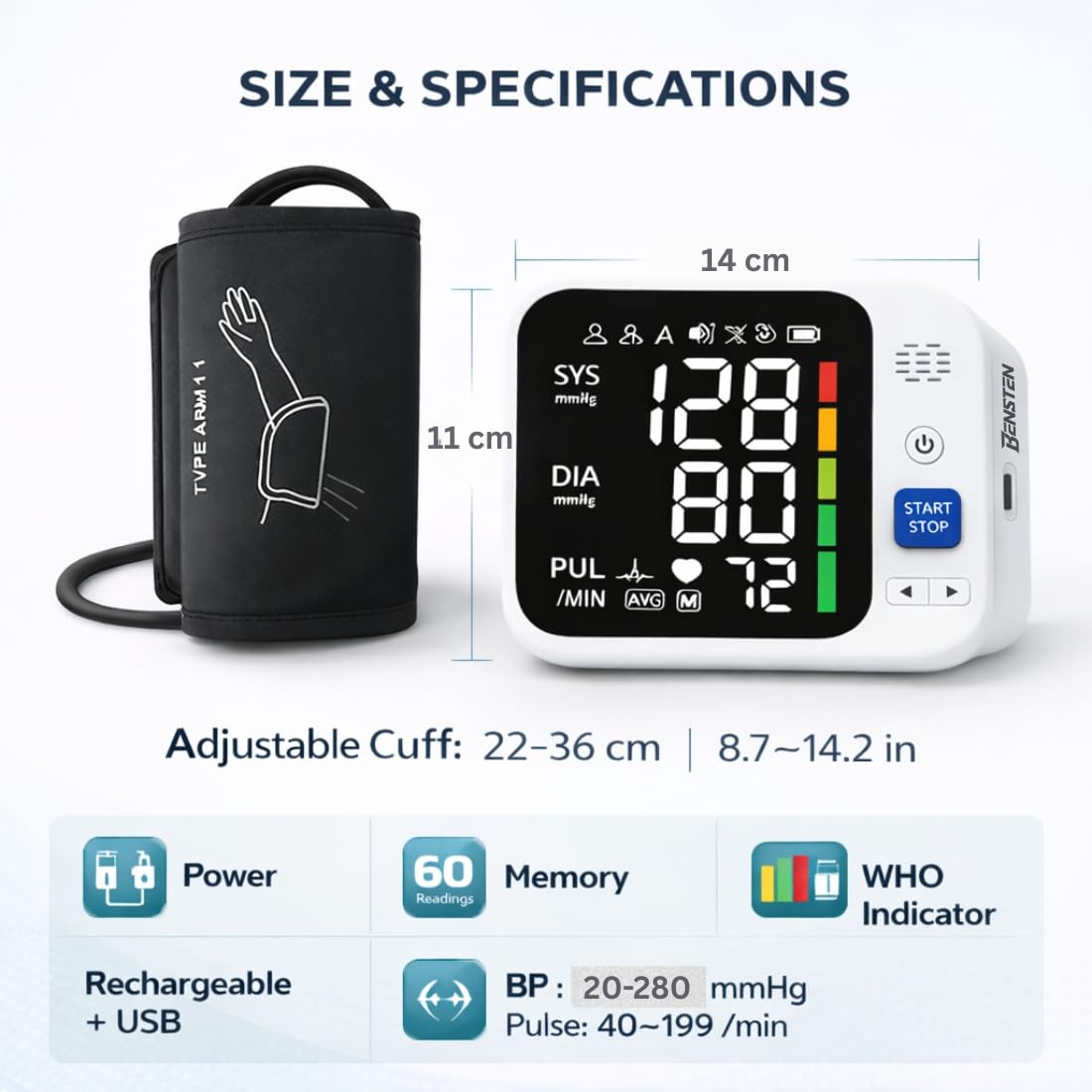 Digital Blood Pressure Monitor for Upper Arm | Fully Automatic BP Machine with WHO Indicator | 60 Memory & Large LCD Display | USB Rechargeable BP Monitor for Home Use - Image 9