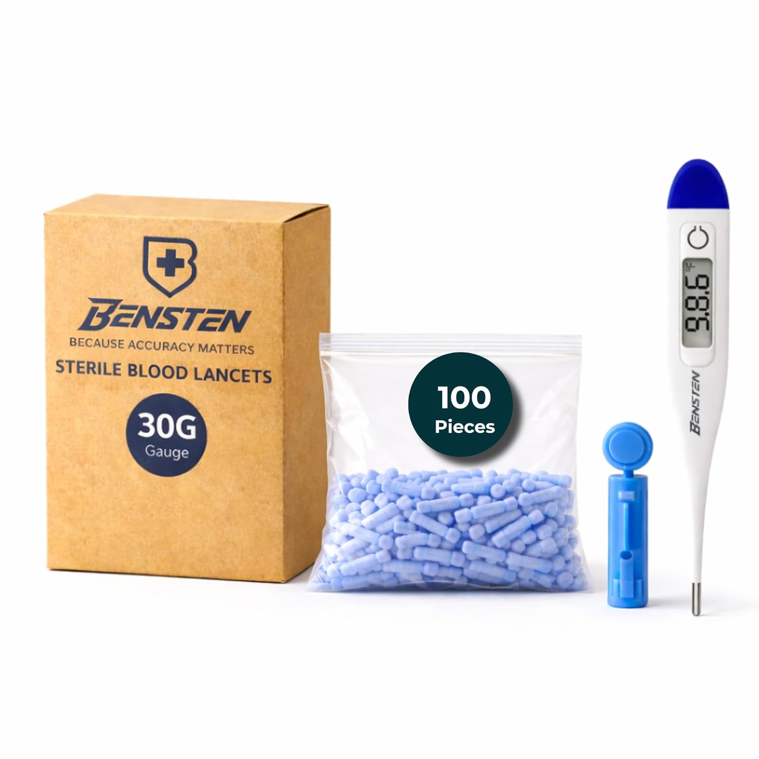 30G Sterile Blood Lancets (100 Count) with Digital Thermometer | Universal Compatible | Disposable Single Use | For Glucometer & Diabetes Testing