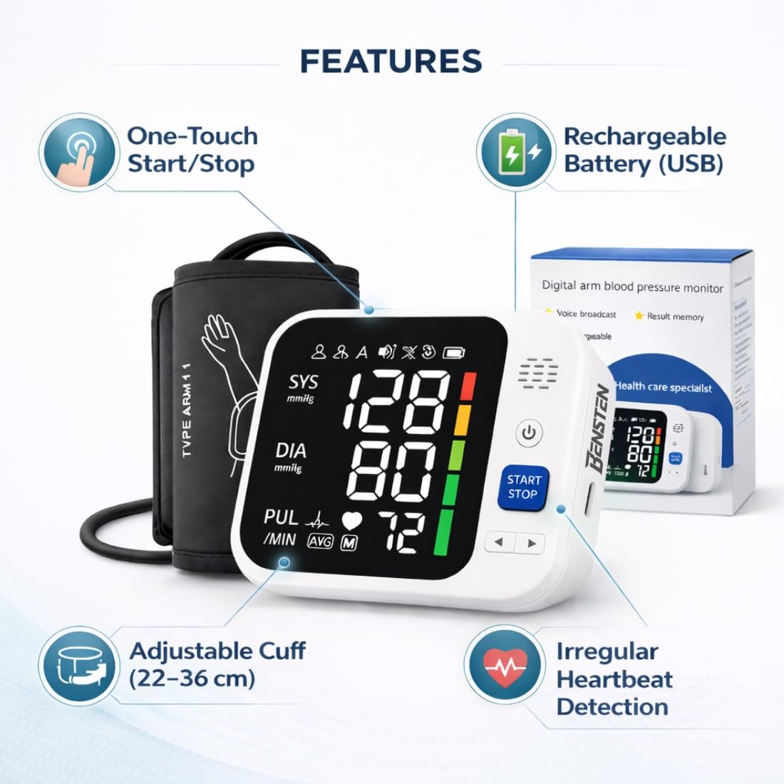 Digital Blood Pressure Monitor for Upper Arm | Fully Automatic BP Machine with WHO Indicator | 60 Memory & Large LCD Display | USB Rechargeable BP Monitor for Home Use - Image 8