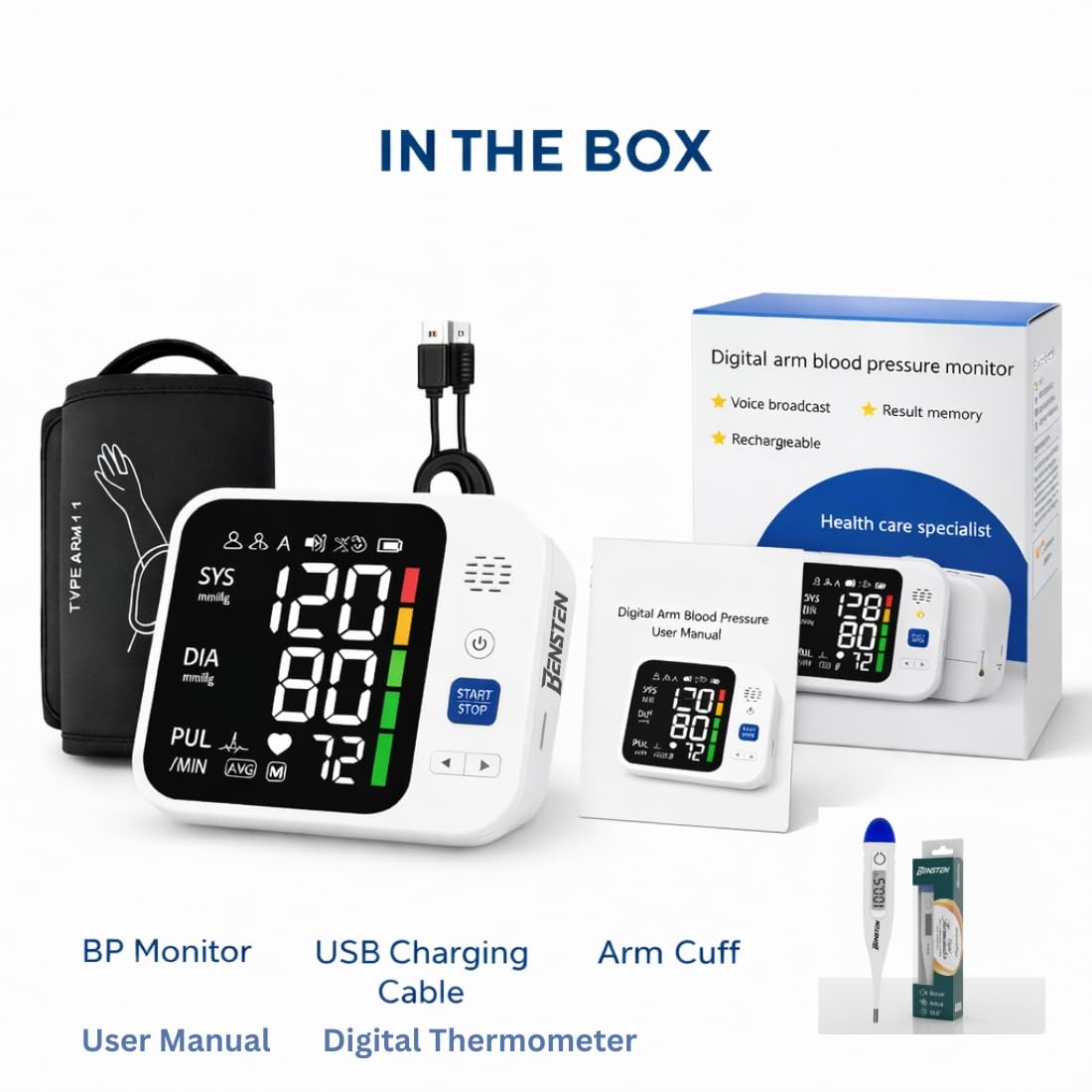 Digital Blood Pressure Monitor for Upper Arm with Digital Thermometer | Fully Automatic BP Machine with WHO Indicator | USB Rechargeable | 60 Memory | Home Health Monitoring Combo - Image 7
