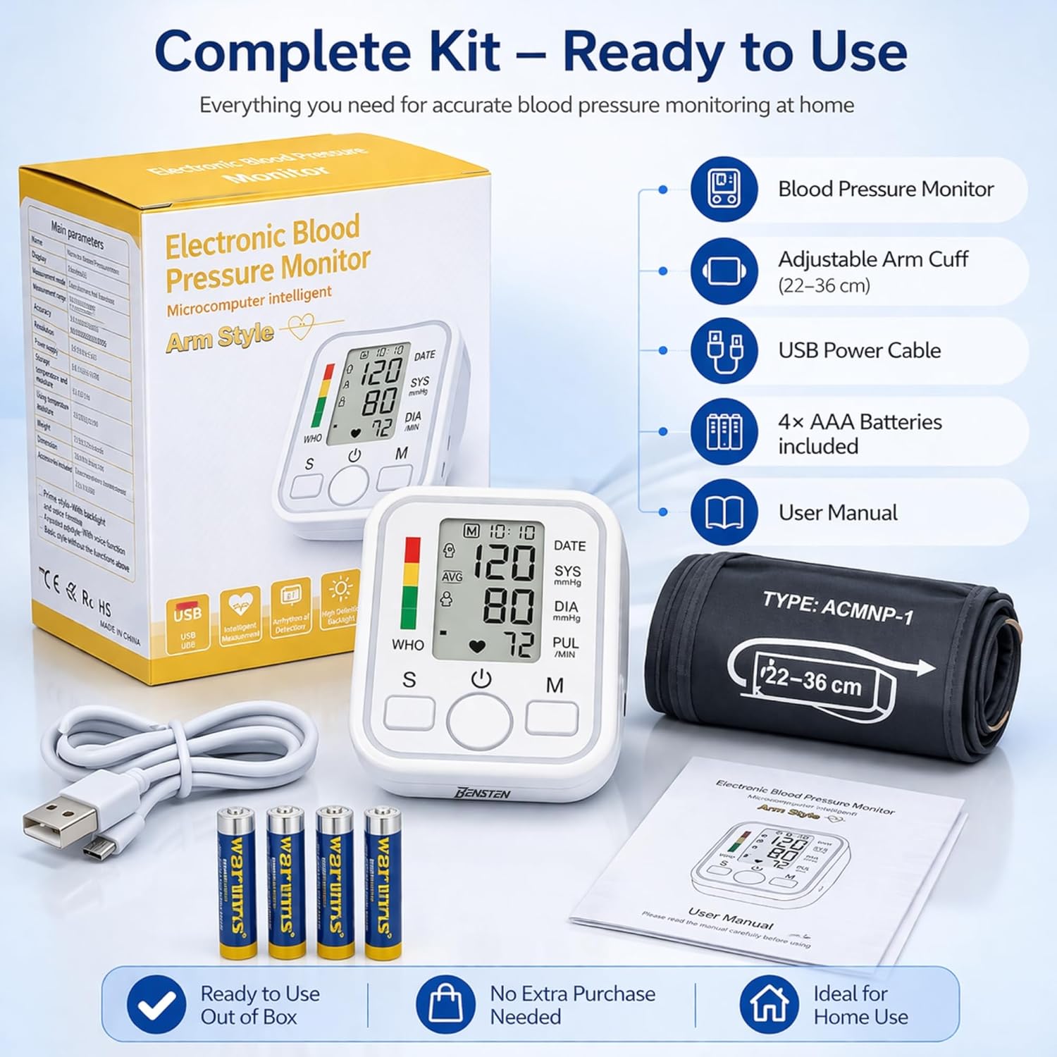 BP Monitor Machine for Home Use | Digital Blood Pressure Machine Upper Arm with Cuff (22–36 cm) | Automatic BP Check Machine | Large LCD Display, USB & Battery | 1 Year Warranty - Image 9